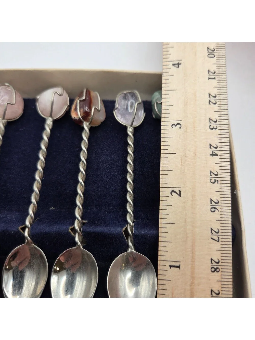 Vintage Barasch Sylmar Brasil Set 7 Twisted Stem Demitasse Spoons Caged Stones